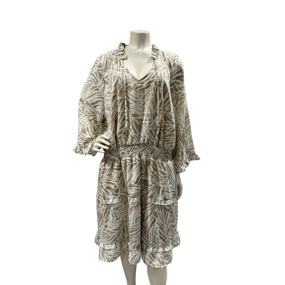 Belle Beach Kim Gravel Tan Beach Print Tiered Lined V-Neck Dress Sz XL